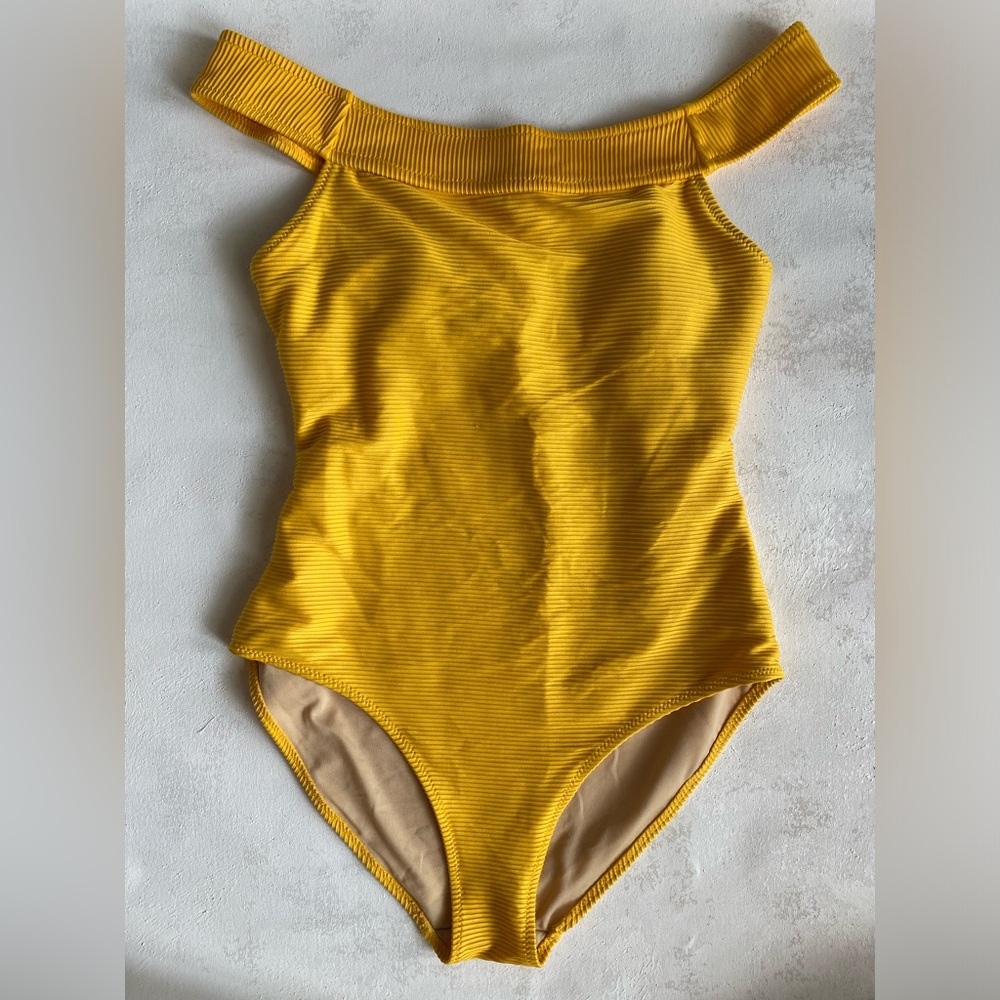 Old Navy Yellow Ribbed Off Shoulder One Piece Swimsuit Size L